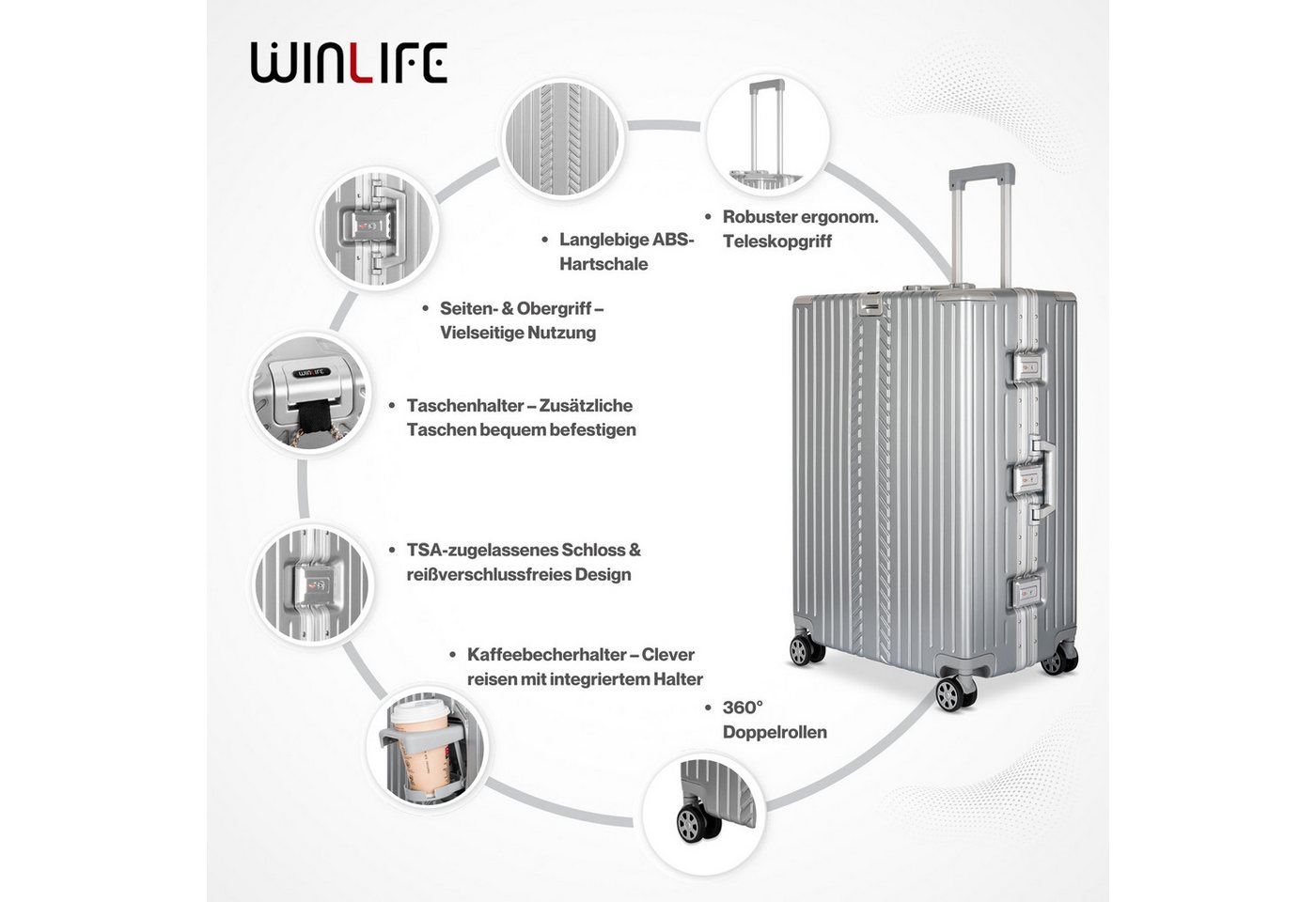 WINLIFE Trolley WINLIFE®Größe M, L, XL Reisekoffer Alu-Rahmen ABS & TSA Schloss Silber, 4 Doppelrollen Rollen, ABS+PC-Hartschale, TSA-Schloss, 360°-Doppelrollen – Bild 5 von 5