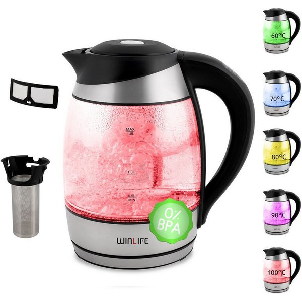 WINLIFE Wasserkocher Glaswasserkocher 1,8L Temperatureinstellung Temperaturwahl 60-100°C, 1.8 l, 2200.00 W, Glas Wasserkocher 2200 Watt mit LED-Temperaturanzeig