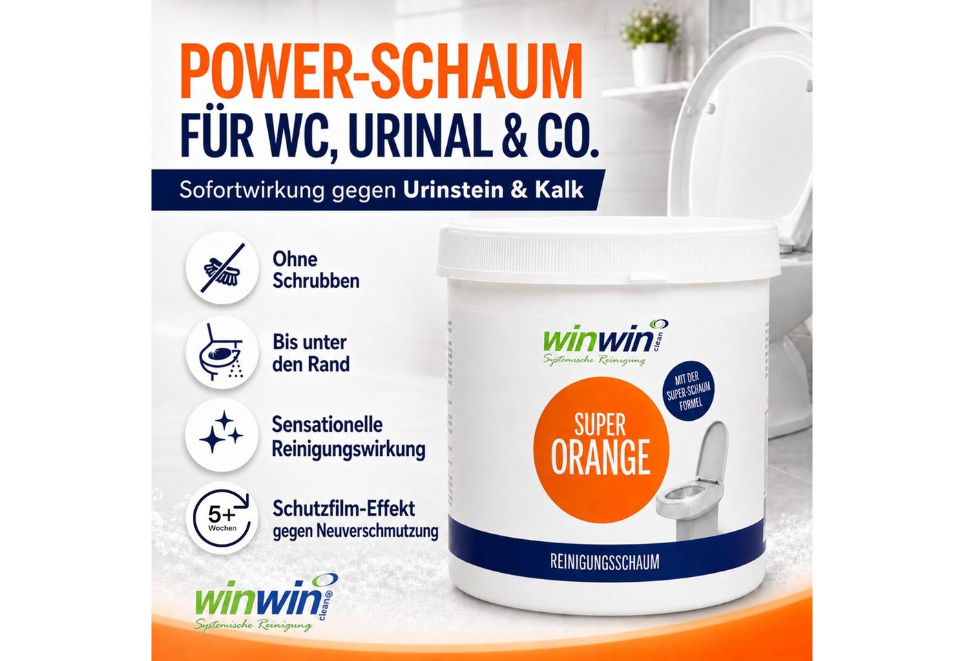 winwinCLEAN Super WC Schaum Universalpulver mit Messbecher Toiletten- Kalkreiniger Universalreiniger (1x Super Orange WC-Reiniger Universalschaum 1kg Entfernt U – Bild 2 von 5