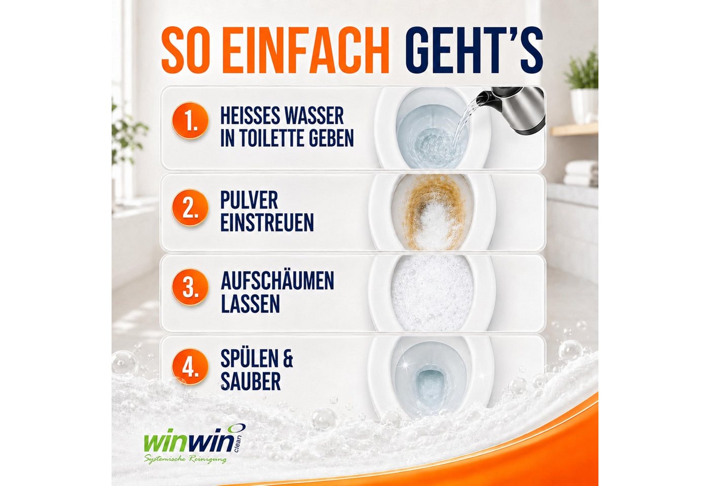 winwinCLEAN Super WC Schaum Universalpulver mit Messbecher Toiletten- Kalkreiniger Universalreiniger (1x Super Orange WC-Reiniger Universalschaum 1kg Entfernt U – Bild 4 von 5
