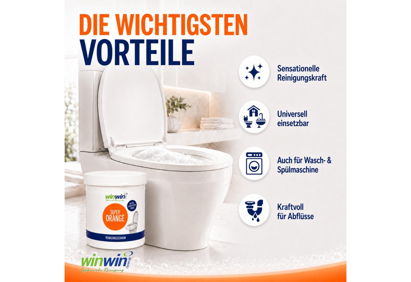 winwinCLEAN Super WC Schaum Universalpulver mit Messbecher Toiletten- Kalkreiniger Universalreiniger (1x Super Orange WC-Reiniger Universalschaum 1kg Entfernt U – Bild 5 von 5