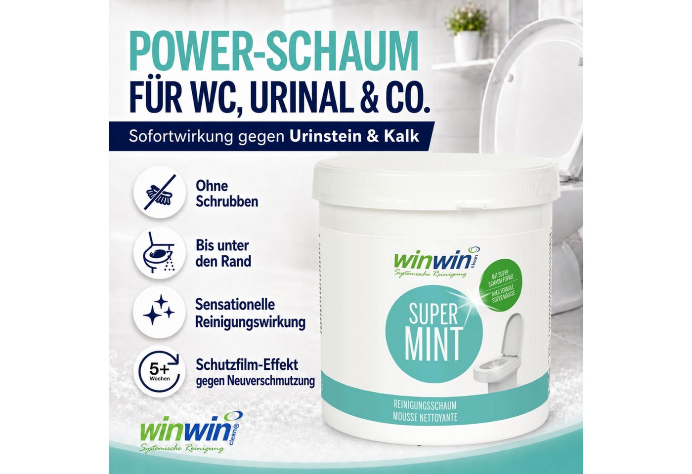 winwinCLEAN Super WC Schaum Universalpulver mit Messbecher Toiletten- Kalkreiniger Universalreiniger (1x Super Mint WC-Reiniger Universalschaum 1kg Entfernt Uri – Bild 2 von 5