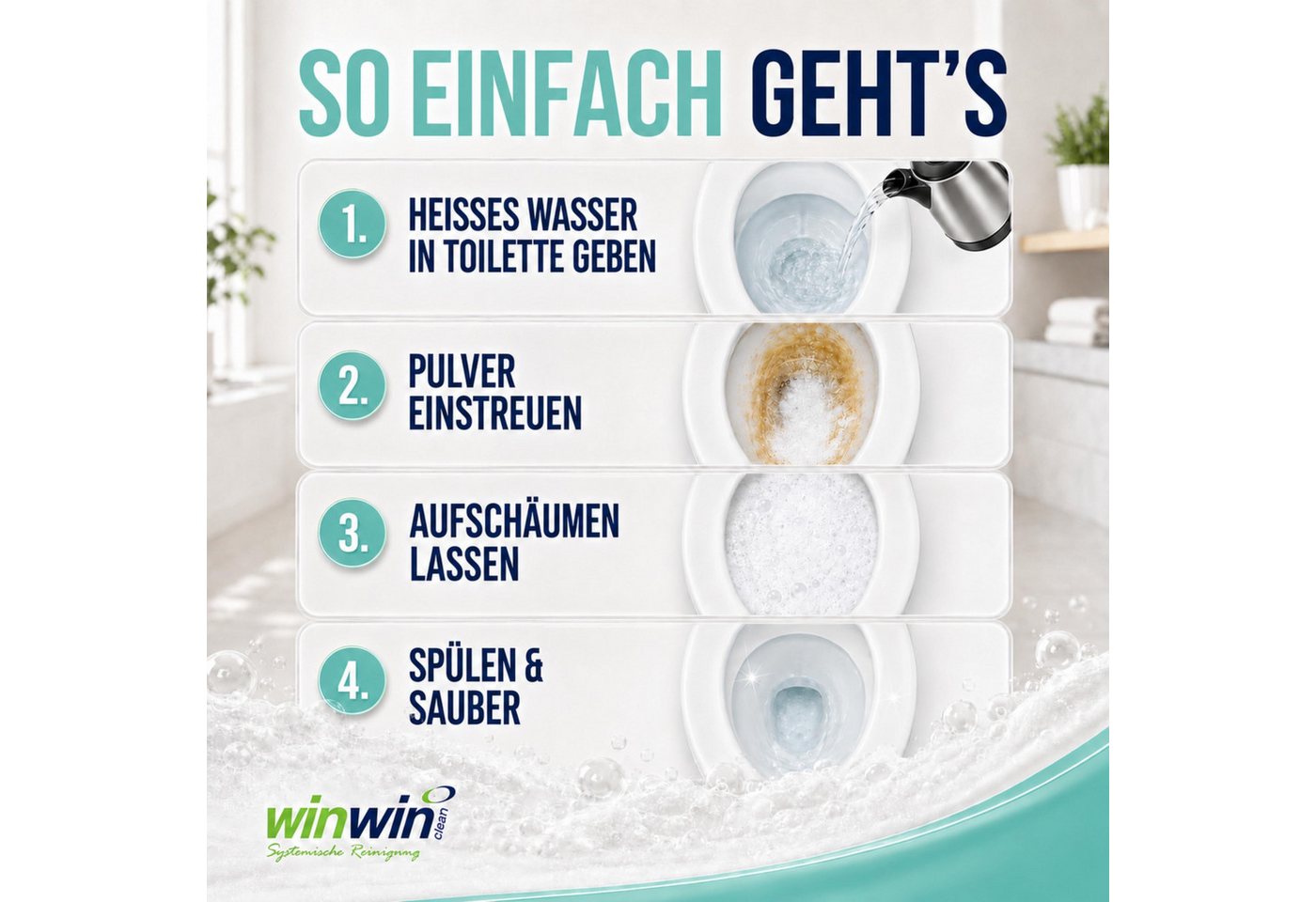 winwinCLEAN Super WC Schaum Universalpulver mit Messbecher Toiletten- Kalkreiniger Universalreiniger (1x Super Mint WC-Reiniger Universalschaum 1kg Entfernt Uri – Bild 4 von 5