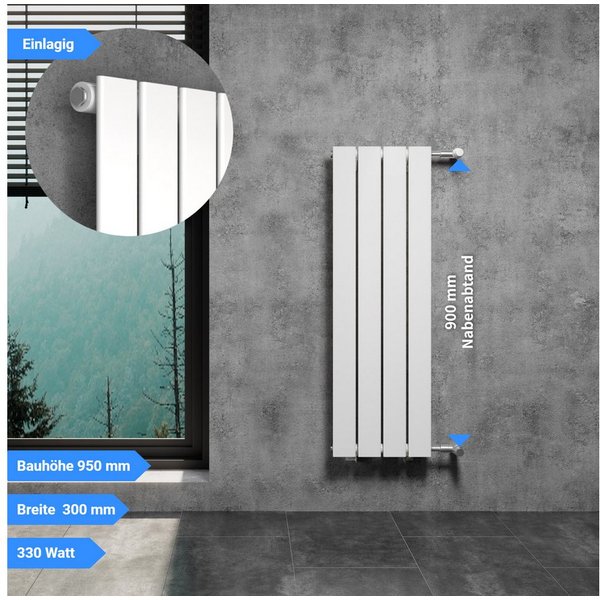 WITEN&NOCK Designheizkörper Flach Paneelheizkörper mit Seitenanschluss Nabenabstand 900mm Weiß, horizontal, doppellagig/Einlagig