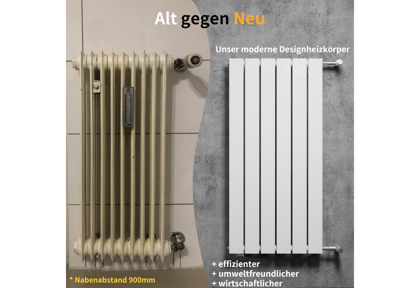 WITEN&NOCK Designheizkörper Flach Paneelheizkörper mit Seitenanschluss Nabenabstand 900mm Weiß, horizontal, doppellagig/Einlagig – Bild 2 von 5