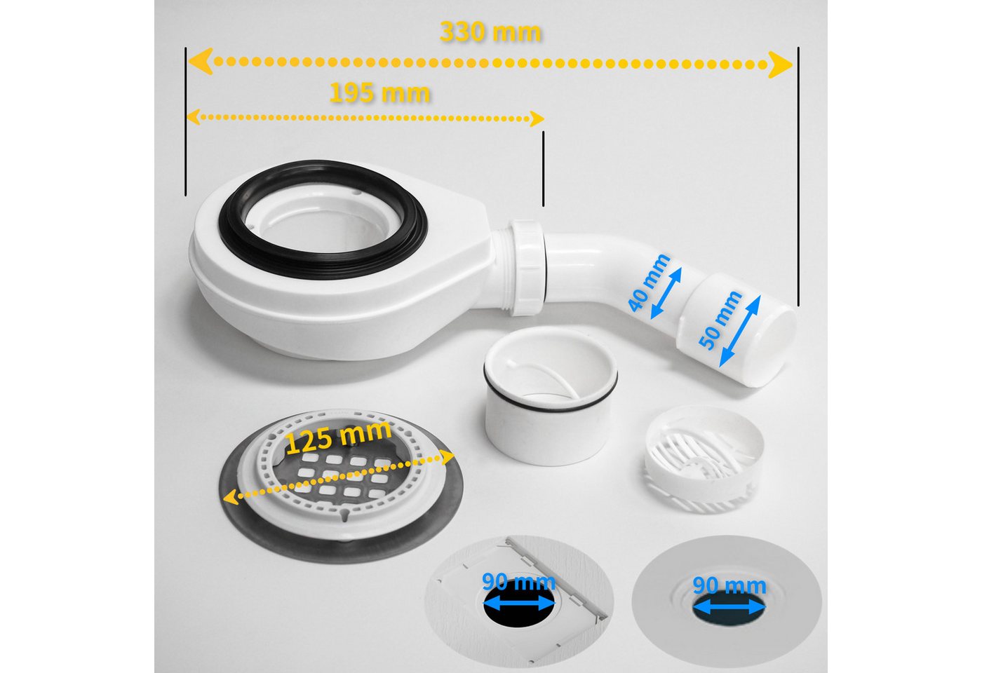 WITEN&NOCK Duschablauf Ablaufgarnitur SET Siphon 90mm mit Geruchsverschluss & Haarsieb, 1-tlg. – Bild 4 von 5