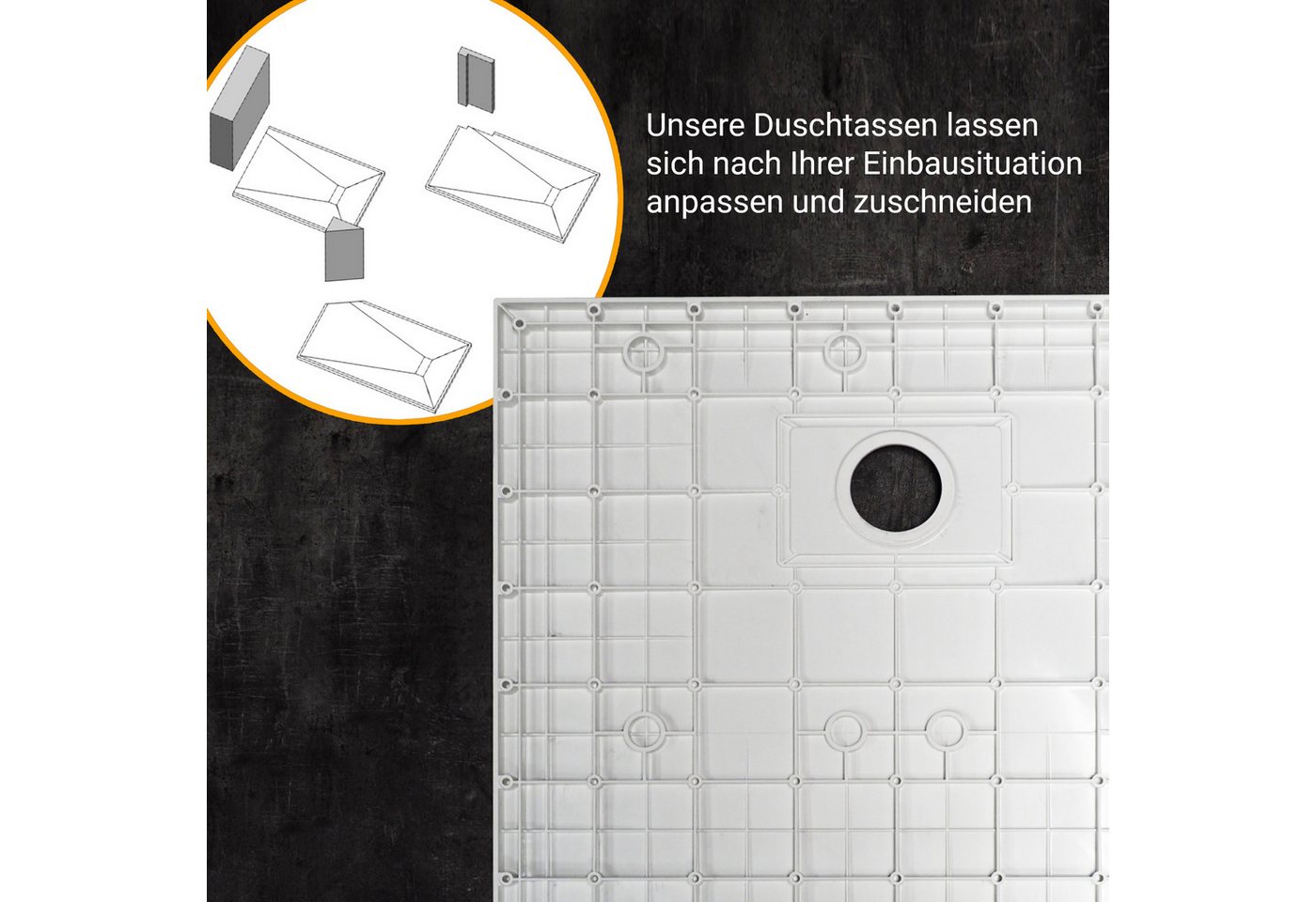 WITEN&NOCK Duschwanne SMC Duschtasse Superflach Steinoptik Anti-Rutsch inkl. Ablaufgarnitur, SMC, weiß/schwarz, L:80-180cm, B:70-90cm – Bild 5 von 5