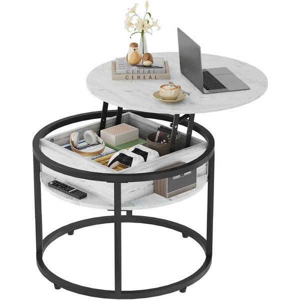 WLIVE Couchtisch Couchtisch Höhenverstellbarer Runder, 2-facher Stauraum & Ablage (Packung, 1 Tisch), Beistelltisch aus Holz & Metall, höhenverstellbar, 60 x 60