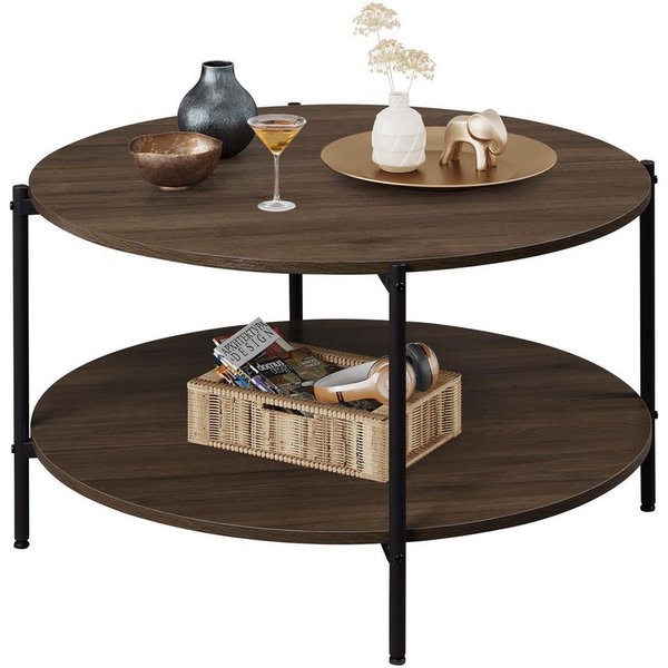 WLIVE Couchtisch Couchtisch rund mit 2 Ebenen, Beistelltisch Holz mit Metallgestell (1 Tisch), Wohnzimmertisch mit Metallrahmen, für Wohnzimmer, Schlafzimmer