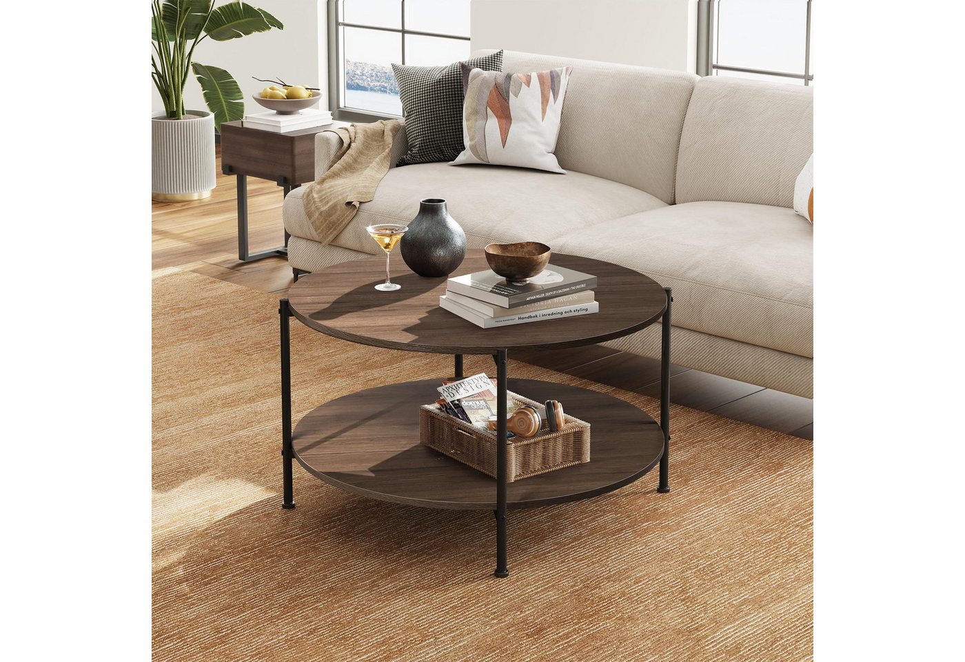 WLIVE Couchtisch Couchtisch rund mit 2 Ebenen, Beistelltisch Holz mit Metallgestell (1 Tisch), Wohnzimmertisch mit Metallrahmen, für Wohnzimmer, Schlafzimmer – Bild 2 von 5