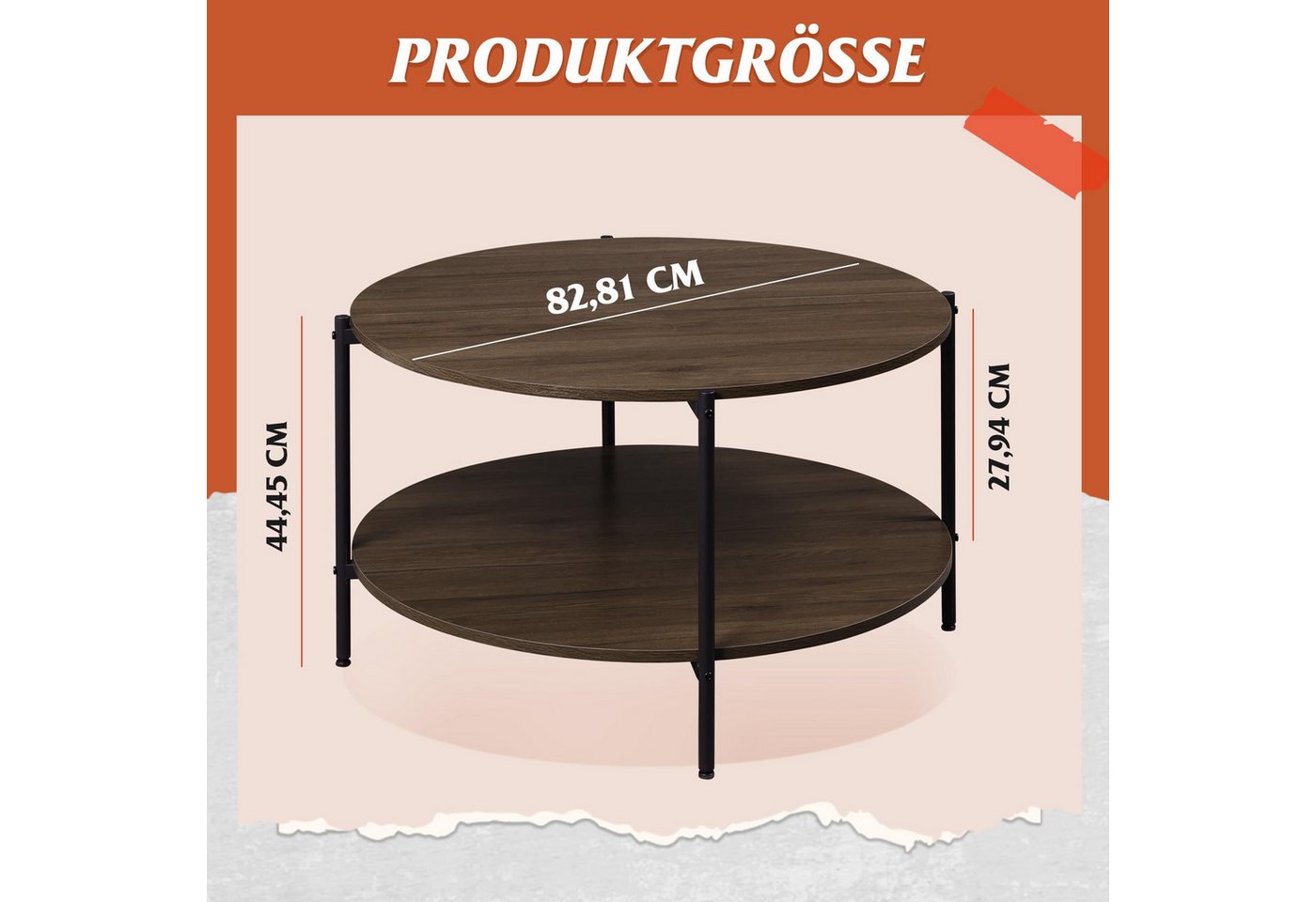 WLIVE Couchtisch Couchtisch rund mit 2 Ebenen, Beistelltisch Holz mit Metallgestell (1 Tisch), Wohnzimmertisch mit Metallrahmen, für Wohnzimmer, Schlafzimmer – Bild 3 von 5