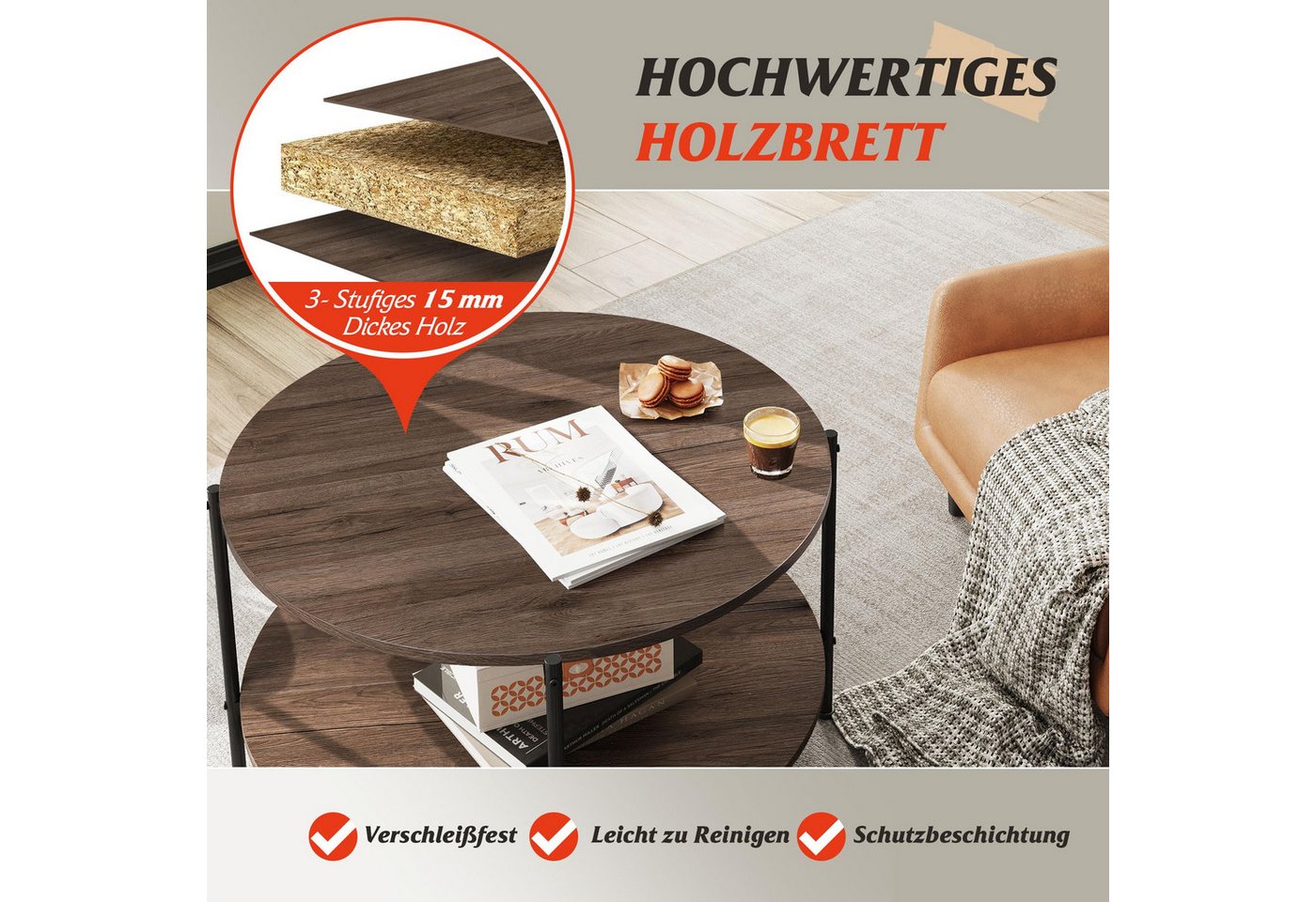 WLIVE Couchtisch Couchtisch rund mit 2 Ebenen, Beistelltisch Holz mit Metallgestell (1 Tisch), Wohnzimmertisch mit Metallrahmen, für Wohnzimmer, Schlafzimmer – Bild 4 von 5