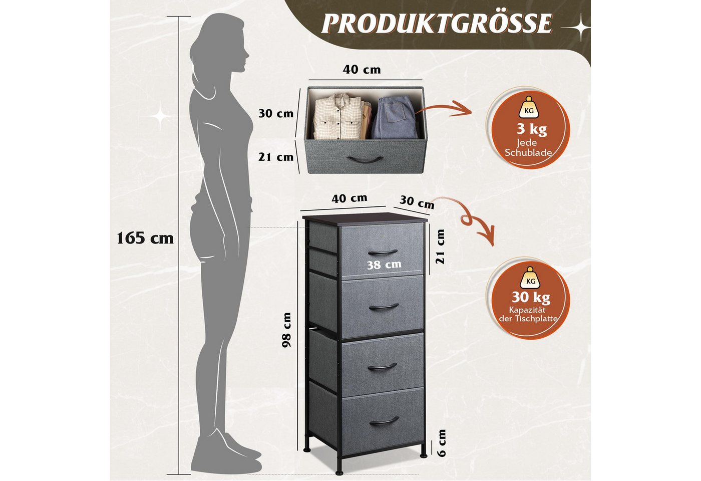 WLIVE Kommode Kommodenschrank, Sideboard mit 4/5 Schubladen, 40/120×30×98 cm, Metallrahmen, verstellbare Füße für Schlafzimmer/Flur – Bild 3 von 5