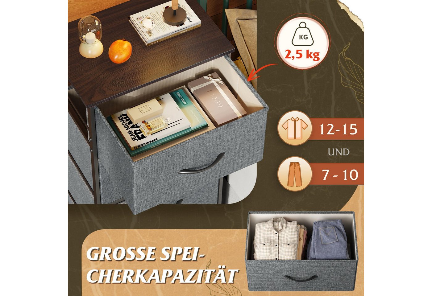 WLIVE Kommode Kommodenschrank, Sideboard mit 4/5 Schubladen, 40/120×30×98 cm, Metallrahmen, verstellbare Füße für Schlafzimmer/Flur – Bild 5 von 5