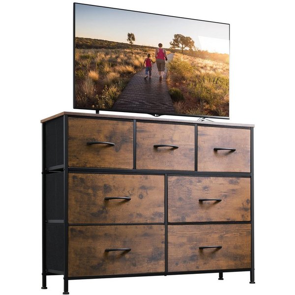 WLIVE Kommode mit 9 Stoffschubladen, Schubladenkommode 100 × 30 × 102 cm (mit 7 Stoffschubladen, Schubladenkommode mit Holzfront, Sideboard 100 cm im Vintage-Lo