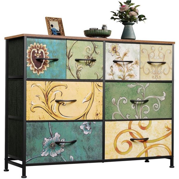 WLIVE Kommode Kommode mit Schubladen aus Stoff, Boho Vintage Schubladenschrank (Wohnzimmer & Flur, Holzoptik & Stoffschubladen, 8), dekorativer Aufbewahrungssch