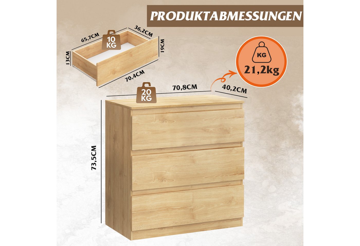 WLIVE Kommode Schubladenkommode mit 3 Schubladen, Sideboard, Breit 70,8 cm, Modernes Design ohne Griffe, Mehrzweckschrank für Schlafzimmer, Büro – Bild 2 von 5
