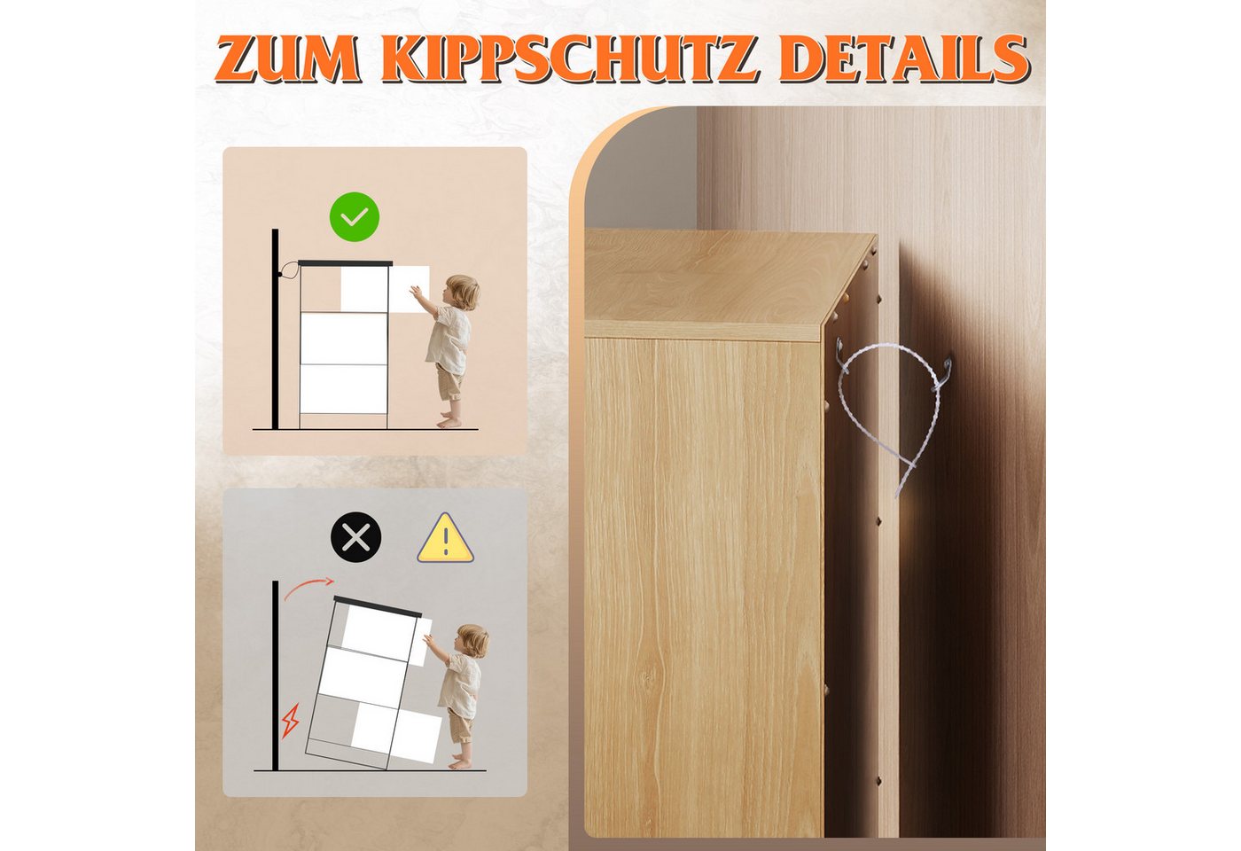 WLIVE Kommode Schubladenkommode mit 3 Schubladen, Sideboard, Breit 70,8 cm, Modernes Design ohne Griffe, Mehrzweckschrank für Schlafzimmer, Büro – Bild 3 von 5