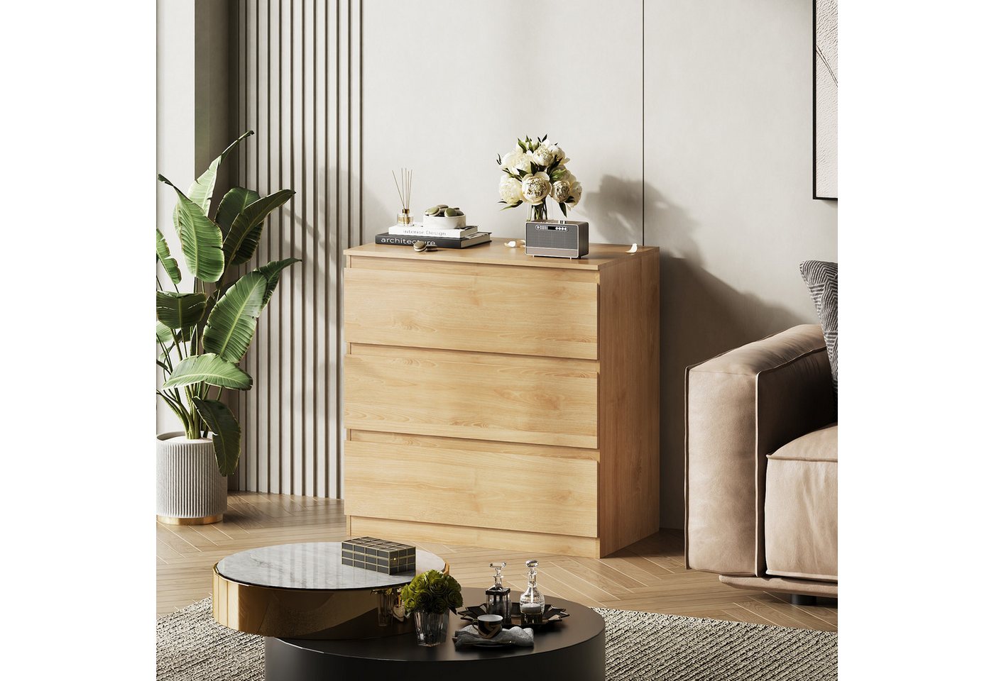 WLIVE Kommode Schubladenkommode mit 3 Schubladen, Sideboard, Breit 70,8 cm, Modernes Design ohne Griffe, Mehrzweckschrank für Schlafzimmer, Büro – Bild 4 von 5