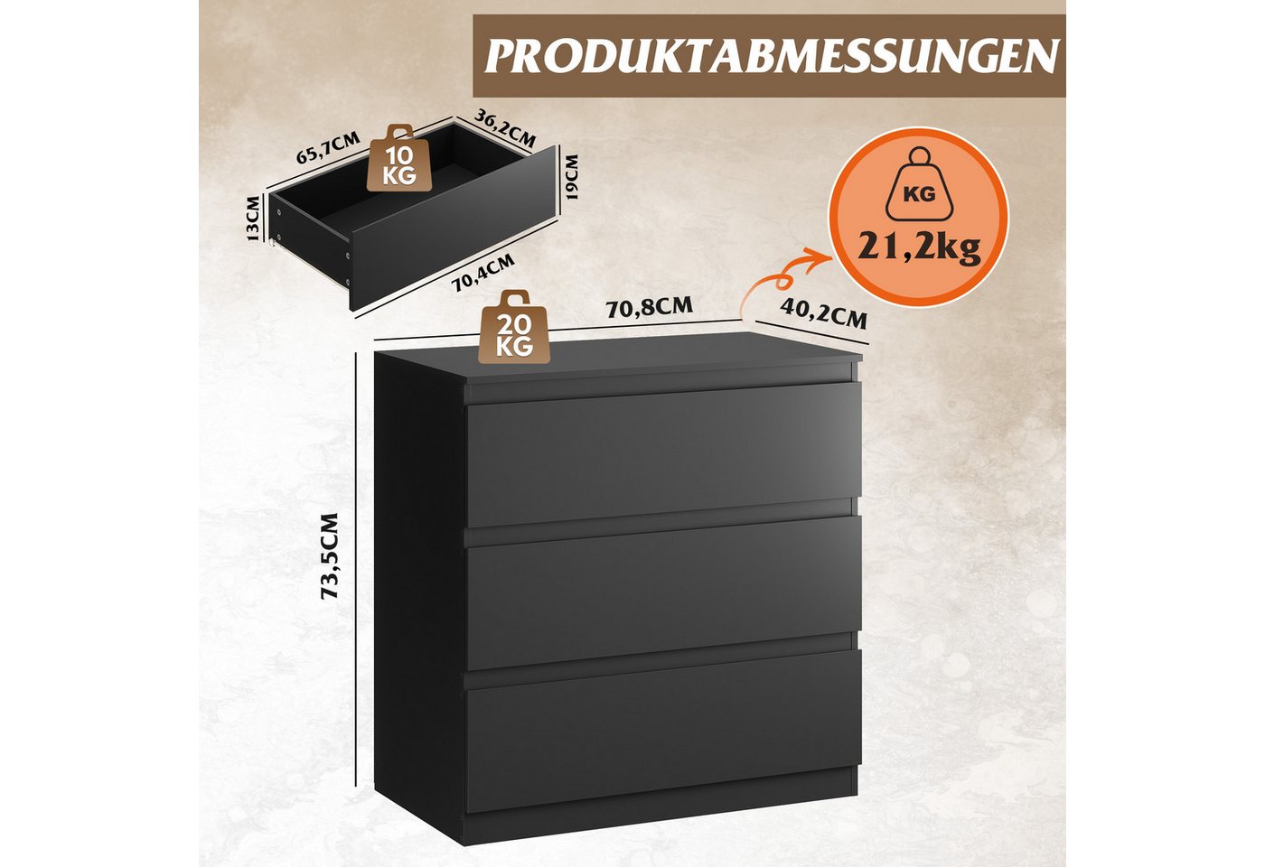 WLIVE Kommode Schubladenkommode mit 3 Schubladen, Sideboard, Breit 70,8 cm, (Packung), Modernes Design ohne Griffe, Mehrzweckschrank für Schlafzimmer,Schwarz – Bild 2 von 5