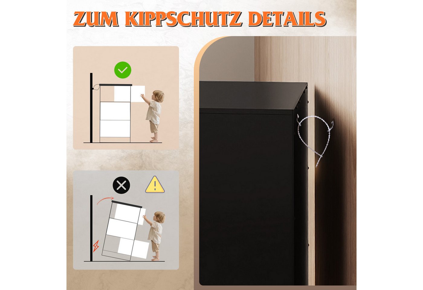WLIVE Kommode Schubladenkommode mit 3 Schubladen, Sideboard, Breit 70,8 cm, (Packung), Modernes Design ohne Griffe, Mehrzweckschrank für Schlafzimmer,Schwarz – Bild 3 von 5