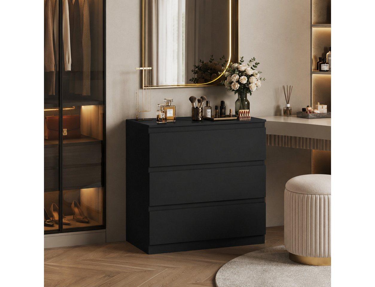 WLIVE Kommode Schubladenkommode mit 3 Schubladen, Sideboard, Breit 70,8 cm, (Packung), Modernes Design ohne Griffe, Mehrzweckschrank für Schlafzimmer,Schwarz – Bild 4 von 5