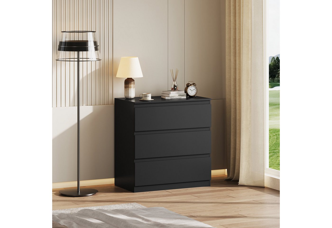 WLIVE Kommode Schubladenkommode mit 3 Schubladen, Sideboard, Breit 70,8 cm, (Packung), Modernes Design ohne Griffe, Mehrzweckschrank für Schlafzimmer,Schwarz – Bild 5 von 5