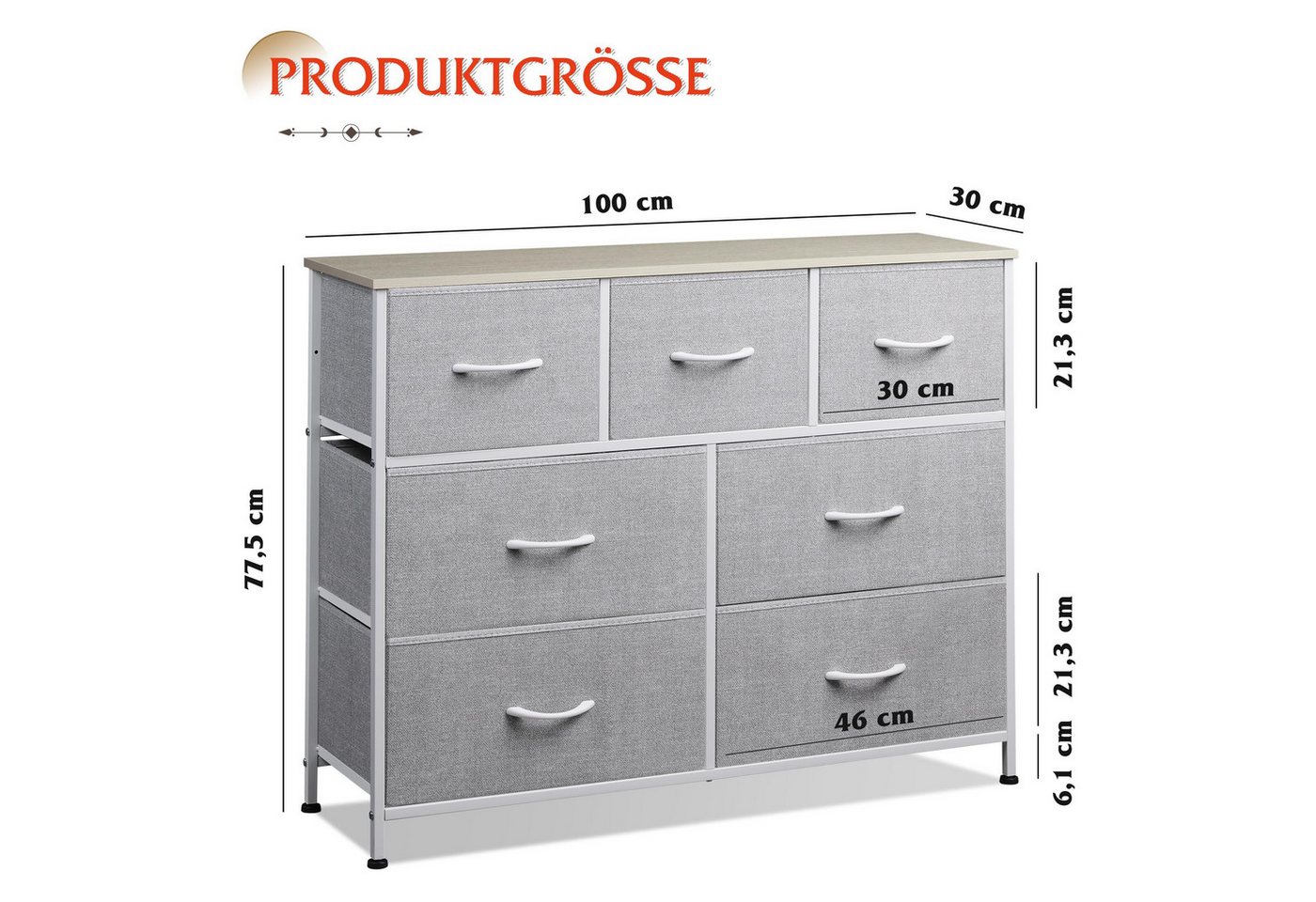 WLIVE Kommode Schubladenkommode mit 7 Stoffschubladen, (stabiler Stahlrahmen & Holzplatte), Breit 100cm, moderne Kommode für Wohnzimmer, Schlafzimmer, Flur & Bü – Bild 3 von 5