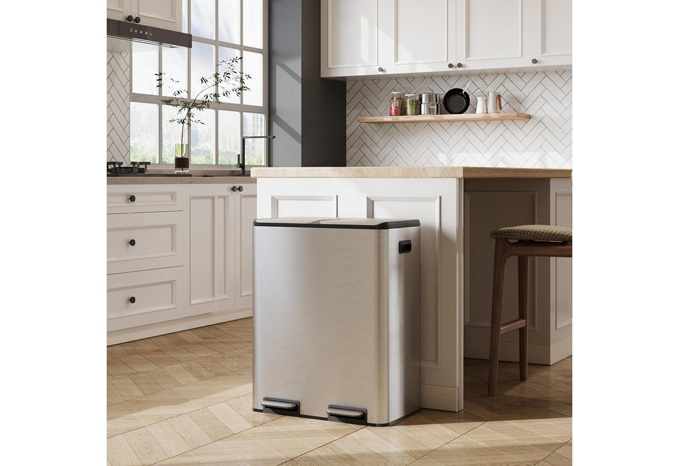 WLIVE Mülleimer Küche 30/60L (2x15/30L), Doppel-Mülleimer mit 2 Fächern, Edelstahl, für Küche & Haushalt – Bild 3 von 5