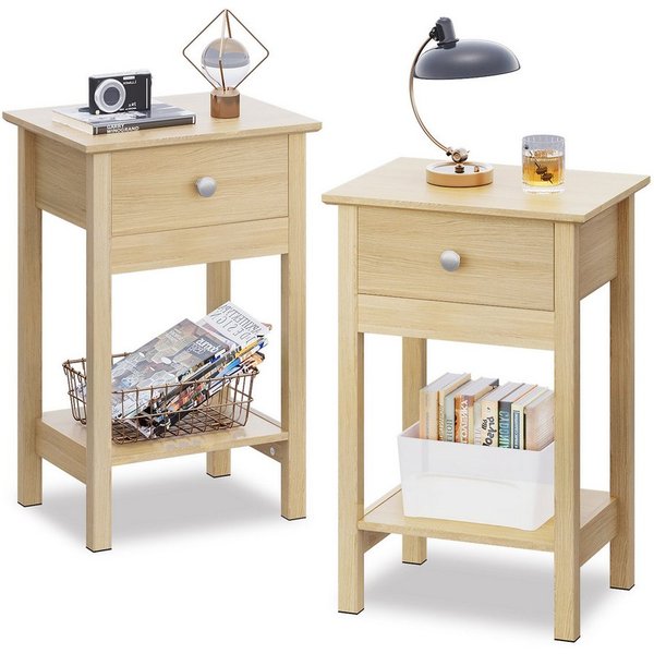 WLIVE Nachttisch Nachttisch mit Schublade und Ablage, Beistelltisch Holz 40×30×60,6cm (2er-Set), offene Ablage