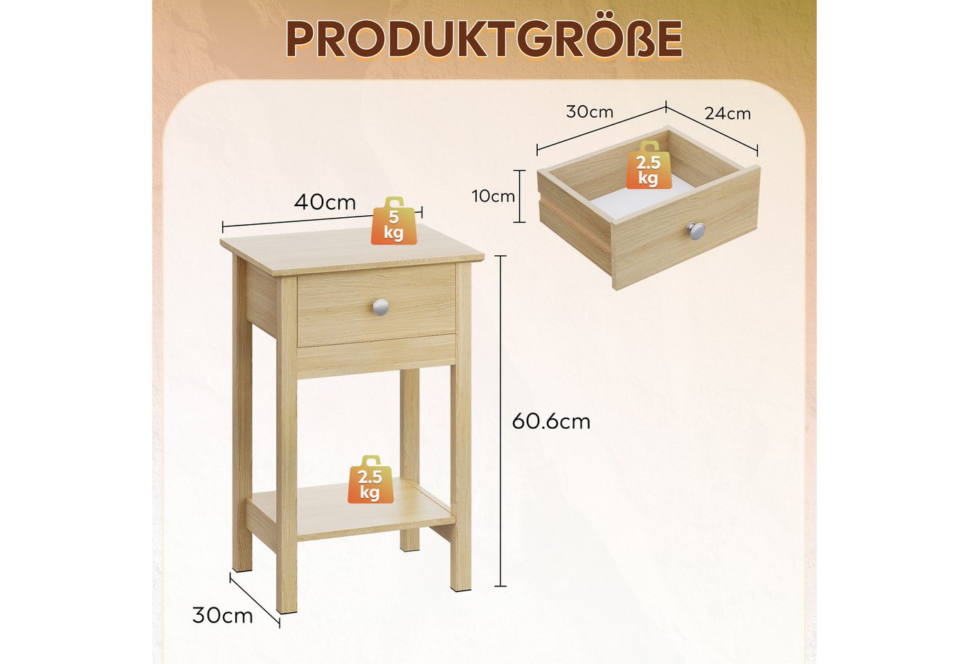 WLIVE Nachttisch Nachttisch mit Schublade und Ablage, Beistelltisch Holz 40×30×60,6cm (2er-Set), offene Ablage – Bild 2 von 5