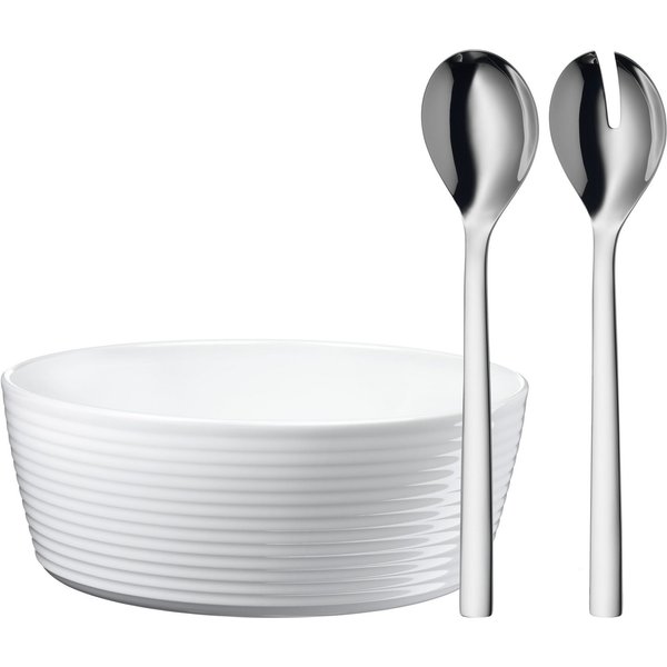 WMF Salatbesteck Nuova (Set, 3-tlg), 2x Salatbesteck, 1x Porzellan-Salatschüssel, Geschenkverpackung