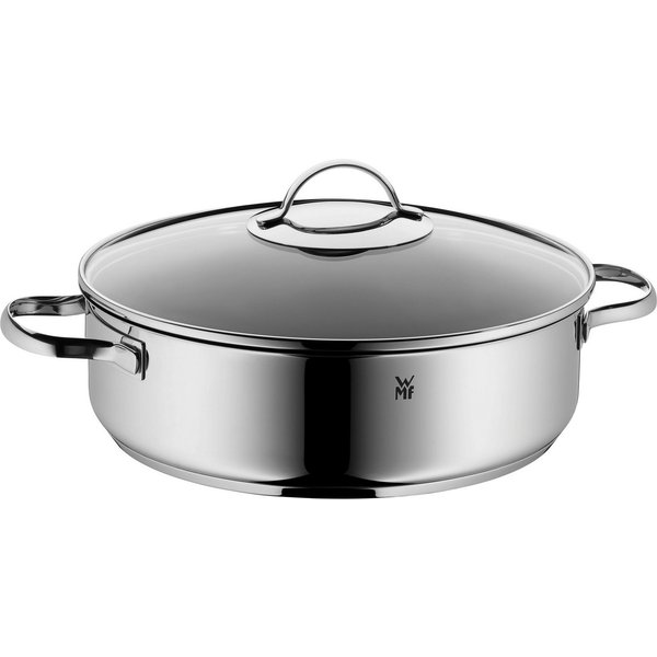 WMF Schmorpfanne Devil Bräter Ø 28 cm mit Glasdeckel, hoher Rand, Induktion, Cromargan® Edelstahl Rostfrei 18/10, Schmortopf mit Deckel 5l, backofenfest, für al