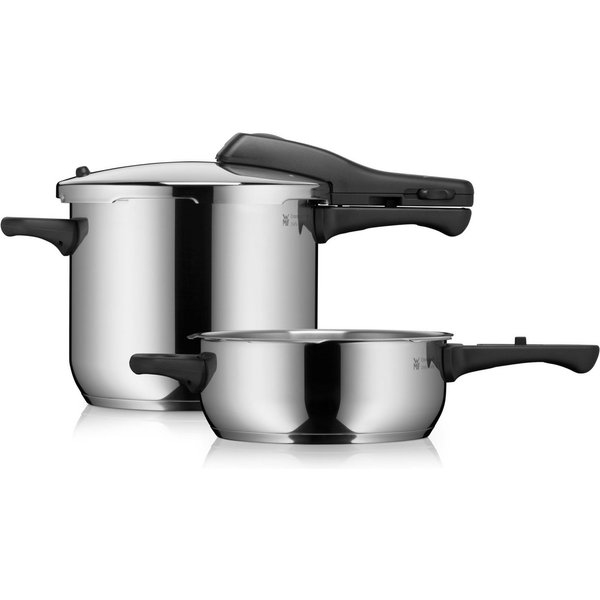 WMF Schnellkochtopf Perfect One Pot, Dampfkochtopf 6,5l + 3l, großes Kochsignal, Induktion, Cromargan® Edelstahl Rostfrei 18/10 (Set, 2-tlg., 1 Druckkochtopf (V