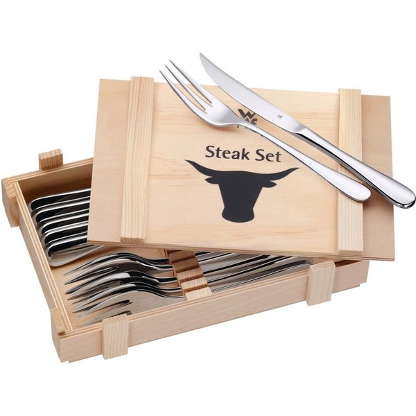 WMF Steakbesteck inklusive Holzkiste, Monobloc, Wellenschliff, auch als Pizzabesteck (12-tlg), 6 Personen, Cromargan® Edelstahl Rostfrei 18/10, spülmaschinengee