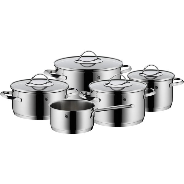 WMF Topf-Set Aparto Topf-Set 5-teilig, Cromargan Edelstahl, Induktion, (5-tlg., 1x Bratentopf, 3x Fleischtopf, 1x Stielkasserolle), Tropffreier Schüttrand und h