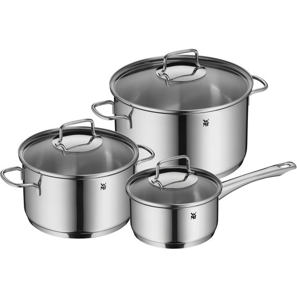 WMF Topf-Set Astoria, Kochtopf Set Induktion mit Glasdeckel, breiter Schüttrand, Cromargan® Edelstahl Rostfrei 18/10 (Set, 6-tlg), hochglanzpoliert, für alle He