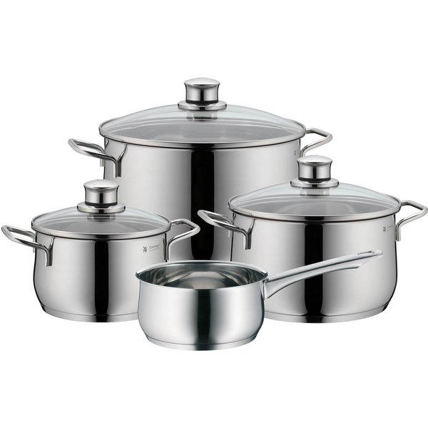 WMF Topf-Set Diadem Plus Topf-Set, 4-teilig, (Set, 4-teilig: 3 Fleischtöpfe mit Glasdeckel, 1 Stielkasserolle), Cromargan Edelstahl, Glasdeckel, Schüttrand, Tra