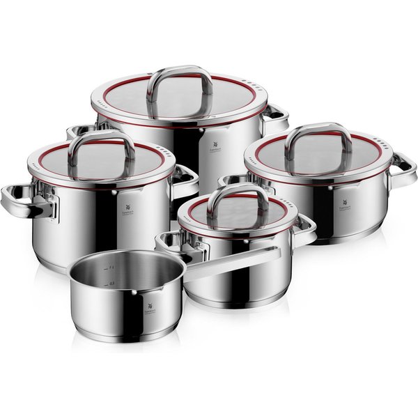 WMF Topf-Set Function 4, Glasdeckel mit 4 Abgießfunktionen, poliert, unbeschichtet, Cromargan® Edelstahl Rostfrei 18/10 (Set, 9-tlg., 1x Bratentopf 20cm, 3x Fle
