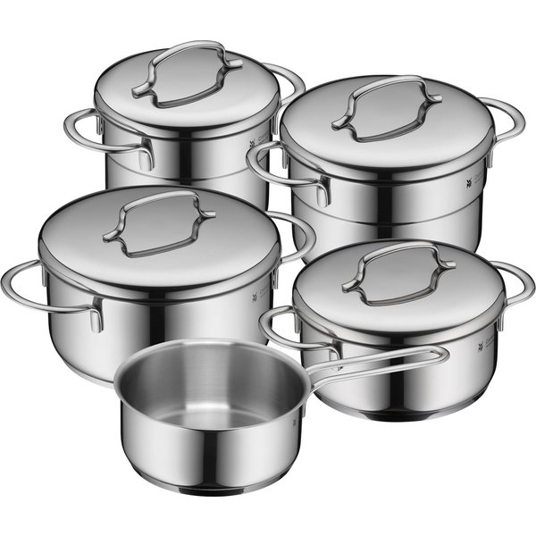 WMF Topf-Set Mini, Cromargan® Edelstahl Rostfrei 18/10 (Set, 9-tlg., Kochtopf 12 + 14 cm, Bratentopf 14 + 16 cm, Stielkasserolle 14 cm), hochwertige Edelstahlde