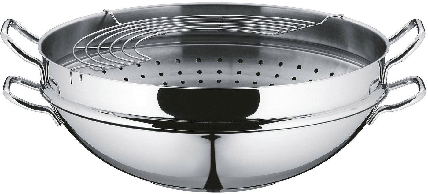 WMF Wok Wokpfanne Macao 36 cm, Induktion, Cromargan® Edelstahl Rostfrei 18/10 (Set, 4-tlg., 1 x Wok mit Glasdeckel, Dämpfeinsatz, Rezeptheft), für alle Herdarte – Bild 2 von 5