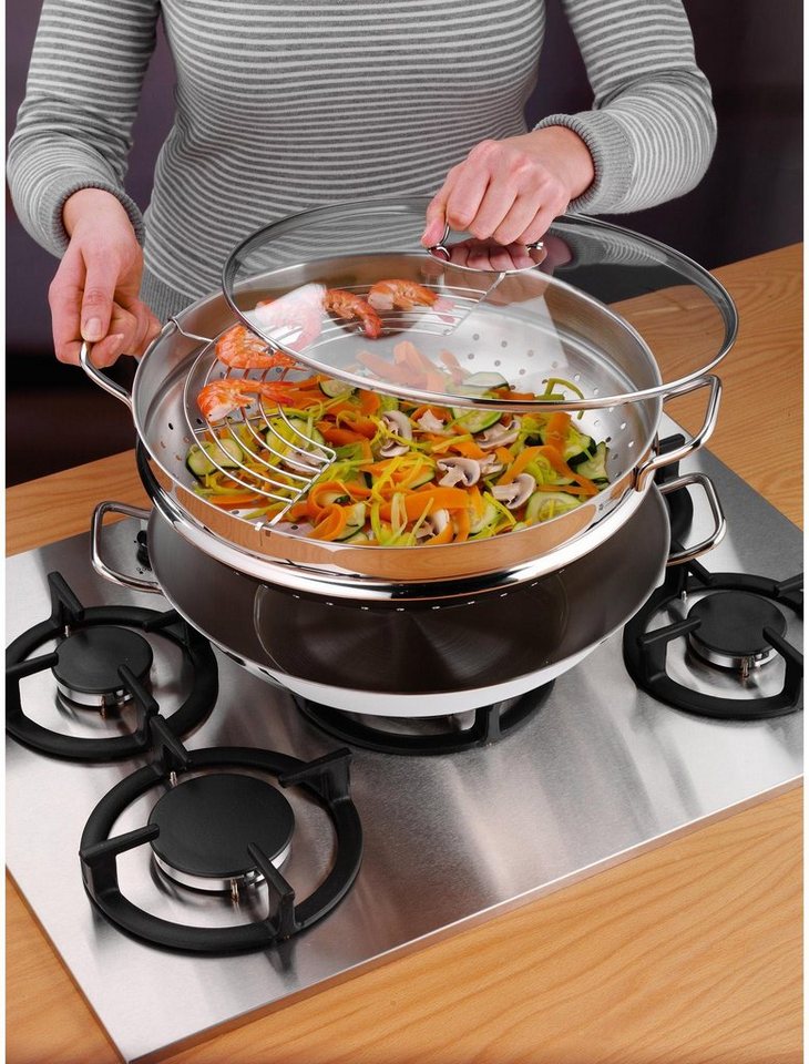 WMF Wok Wokpfanne Macao 36 cm, Induktion, Cromargan® Edelstahl Rostfrei 18/10 (Set, 4-tlg., 1 x Wok mit Glasdeckel, Dämpfeinsatz, Rezeptheft), für alle Herdarte – Bild 3 von 5