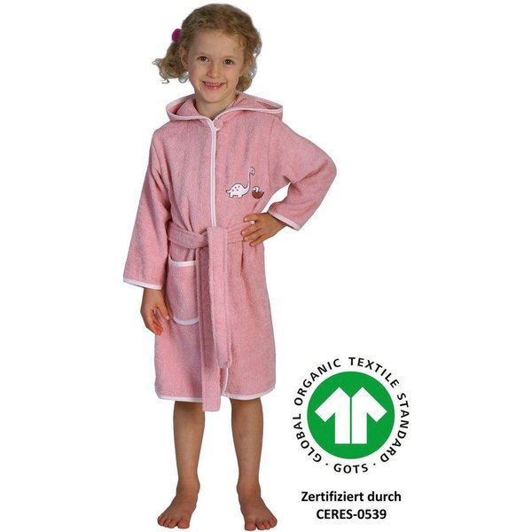 Wörner Kinderbademantel Dinofamilie, Langform, Baumwolle, Kapuze, Biobaumwolle, mit Stickerei, mit Tasche