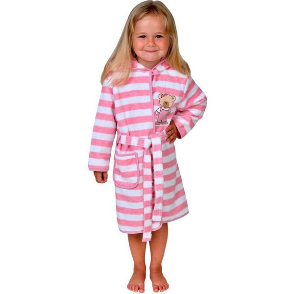 Wörner Kinderbademantel Teddy Ringel rosa, Langform, Baumwoll-Webfrottier, Kapuze, Gürtel, Streifenmuster, mit Stickerei, mit Tasche, maschinenwaschbar