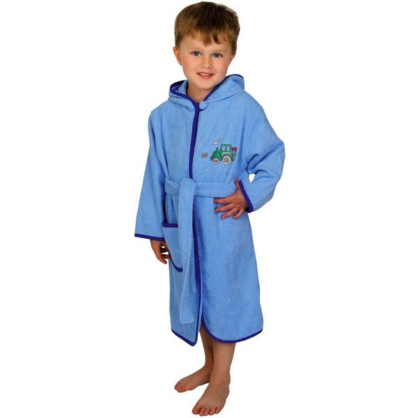 Wörner Kinderbademantel Traktor hellblau, Langform, Baumwolle, Kapuze, Gürtel, mit Stickerei, mit Tasche, maschinenwaschbar, trocknergeeignet