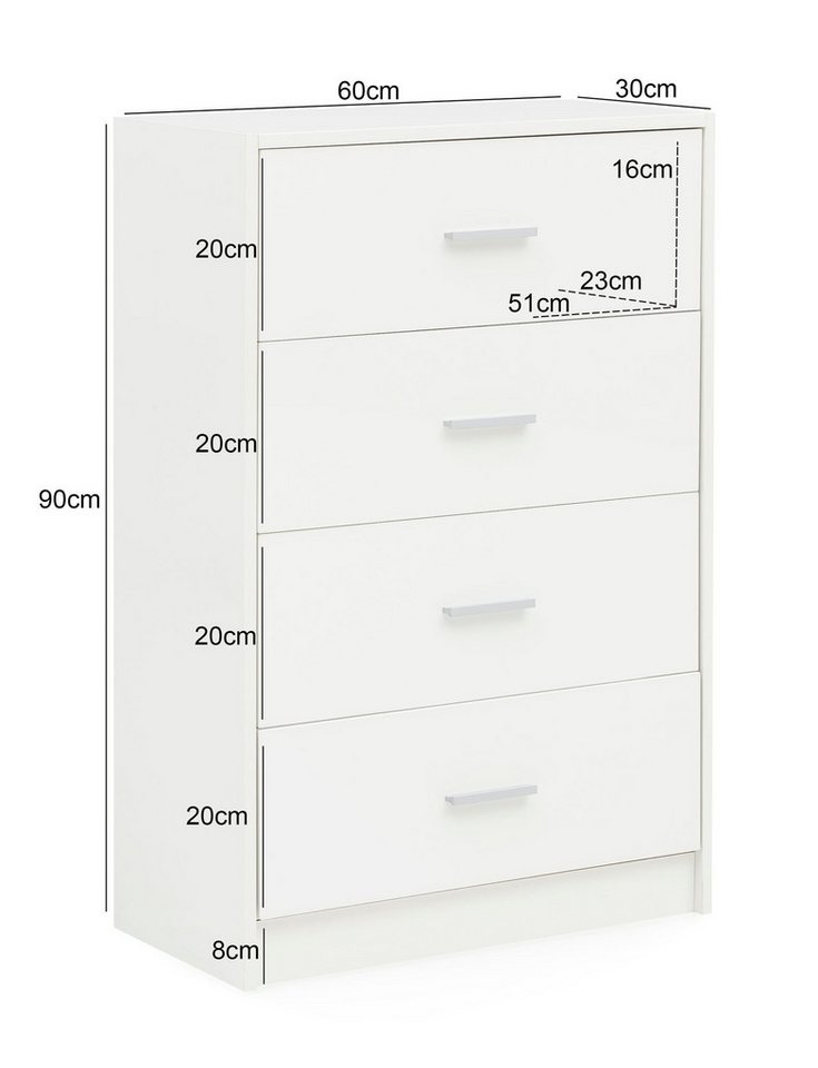Wohnling Schubkastenkommode Sideboard WL5.864 Weiß Hochglanz 60x90x30 cm Schubladenkommode Anricht (Sideboard Weiß Hochglanz 60x90x30 cm Modern), Anrichte Schma – Bild 4 von 5