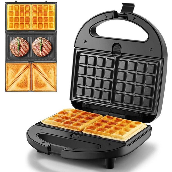 wohnTRAUM24 3-in-1-Kombi-Waffeleisen Waffeleisen, Sandwichmaker 3 in 1, Multifunktionsgerät Doppel, 760,00 W, 3 Abnehmbare Platten, Antihaftbeschichtung, LED-Le