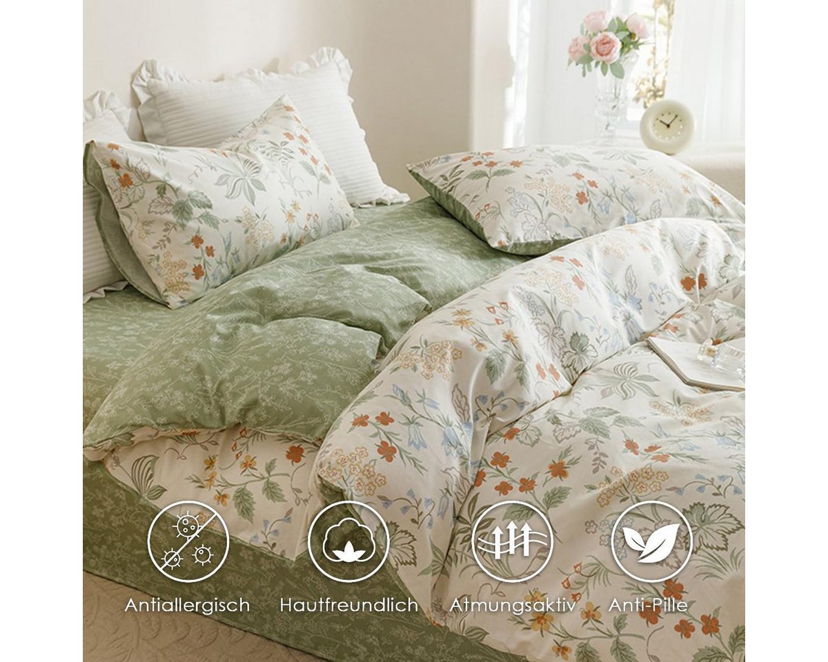 wohnTRAUM24 Bettwäsche Bettwäsche Pflanzenmuster,Wende Bettwäsche Set für Allergiker Geeignet, 135x200,200x200cm Bettbezug mit Reißverschluss und Kissenbezug 80 – Bild 5 von 5
