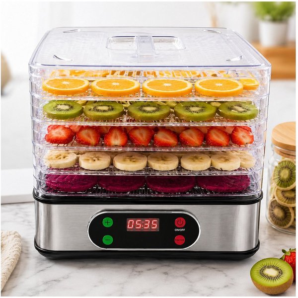 wohnTRAUM24 Dörrautomat Dörrgerät mit Temperaturregler, 72h-Timer, 5 Einlegefächer, 35-70°C 350 W, 5 Etagen, BPA-frei, Spülmaschinengeeignete Teile, für Obst, G