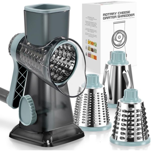 wohnTRAUM24 Gemüsehobel 3-in-1 Rotations-Käsereibe, manueller Gemüsehobel mit starkem Saugfuß, (Zubehör‑Set für Küche, 3‑in‑1 Set mit 3 Aufsätzen), Trommelreibe